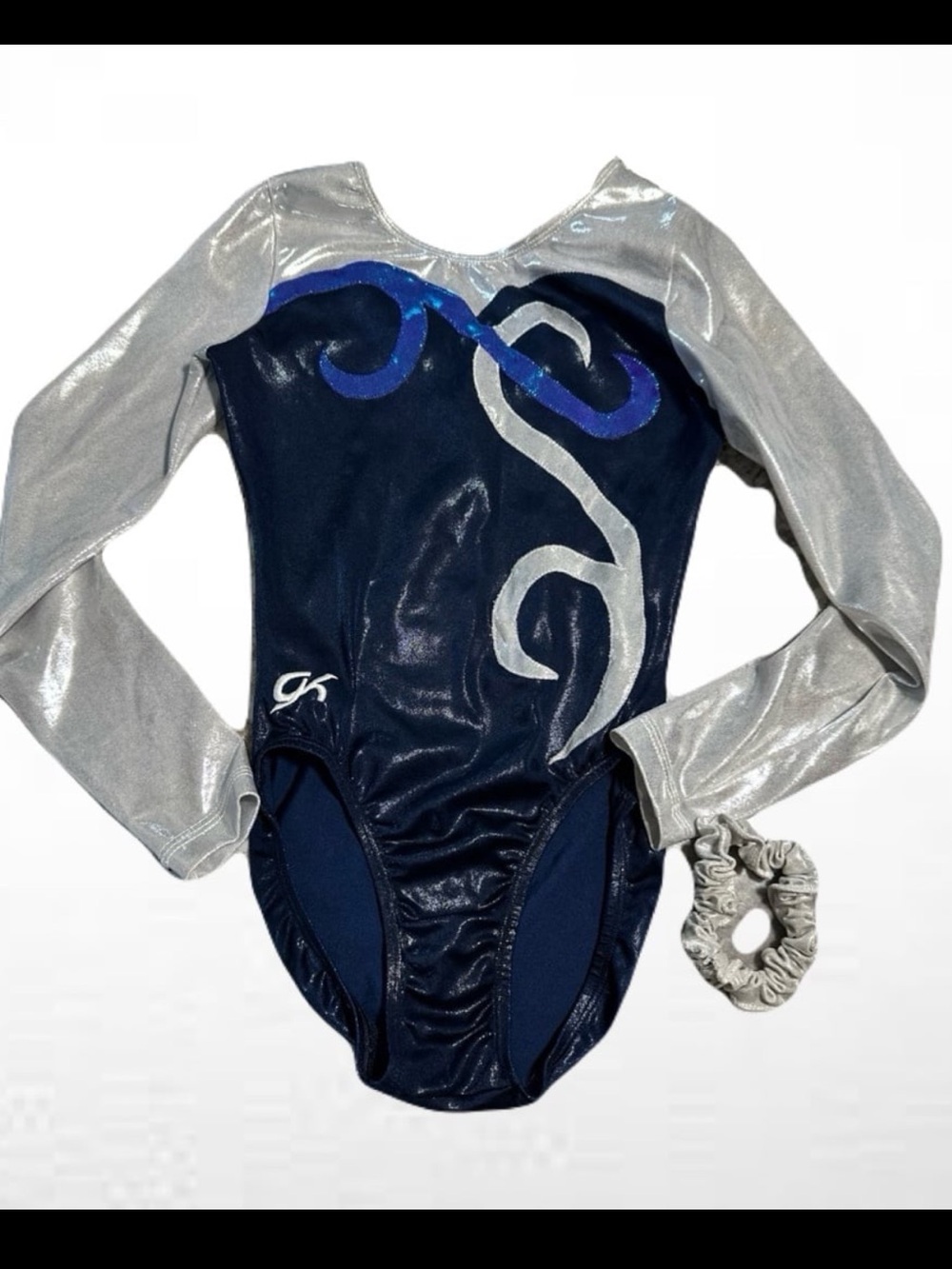 GK Gymnastics Competition Leotard Long Sleeve Metallic Blue Silver Adult Medium